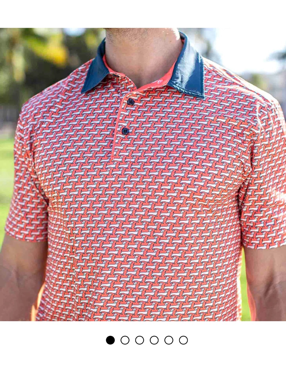 RARE Men’s Breakfast Ball Coral Patterned Polo Shirt w/ Navy Collar & Wennie Dog